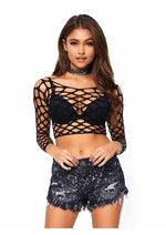 Load image into Gallery viewer, Leg Avenue Pothole Net Long Sleeved Crop Top - Black - One Size