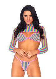 Leg Avenue Rainbow Fishnet Bikini Top, G-String, and Long Sleeved Crop Top - Multicolor - One Size - 3 Piece