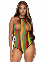 Leg Avenue Rasta Net Snap Crotch Racer Back Bodysuit - Multicolor - One Size
