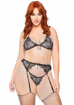 Load image into Gallery viewer, Rhinestone Eyelash Lace Bra Top Garter Belt and G-String - Black - Queen/XLarge/XXLarge - 3 Pieces