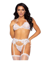 Load image into Gallery viewer, Leg Avenue Rhinestone Eyelash Lace Bra Top Garter Belt and G-String - White - Small - 3 Pieces