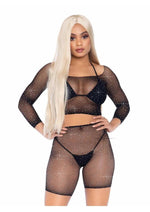 Load image into Gallery viewer, Leg Avenue Rhinestone Fishnet Long Sleeve Crop Top and Biker Shorts - Black - One Size - 2 Piece
