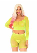 Load image into Gallery viewer, Leg Avenue Rhinestone Fishnet Long Sleeve Crop Top and Biker Shorts - Yellow - One Size - 2 Piece
