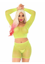 Load image into Gallery viewer, Leg Avenue Rhinestone Fishnet Long Sleeve Crop Top and Biker Shorts
