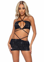 Load image into Gallery viewer, Leg Avenue Rhinestone Keyhole Bandeau Top and Low Rise Skirt with Waist Strap Detail - Black - Medium - 2 Pieces