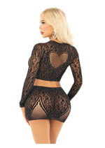 Load image into Gallery viewer, Leg Avenue Rhinestone Lace and Net Crop Top with Heart Keyhole Detail and Mini Skirt
