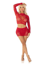 Load image into Gallery viewer, Leg Avenue Rhinestone Lace and Net Crop Top with Heart Keyhole Detail and Mini Skirt
