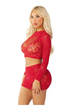 Load image into Gallery viewer, Leg Avenue Rhinestone Lace and Net Crop Top with Heart Keyhole Detail and Mini Skirt - Red - One Size - 2 Piece

