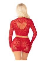 Load image into Gallery viewer, Leg Avenue Rhinestone Lace and Net Crop Top with Heart Keyhole Detail and Mini Skirt
