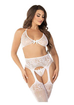 Load image into Gallery viewer, Leg Avenue Rhinestone Lace Bra Top G-String and Fishnet Garter Belt Stockings - White - One Size - 3 Piece
