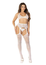 Load image into Gallery viewer, Leg Avenue Rhinestone Lace Bra Top G-String and Fishnet Garter Belt Stockings
