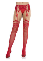 Load image into Gallery viewer, Leg Avenue Rhinestone Lace Top Fishnet Stockings with Attached Garter Belt - Red - One Size
