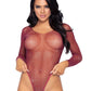 Leg Avenue Rhinestone Long Sleeve Fishnet Bodysuit with Snap Crotch - Burgundy/Red - One Size