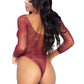 Leg Avenue Rhinestone Long Sleeve Fishnet Bodysuit with Snap Crotch - Burgundy/Red - One Size