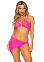 Load image into Gallery viewer, Leg Avenue Rhinestone Mesh Bra Top with Ring Accent, G-String Panty and Matching Sarong - Neon Pink/Pink - Large - 3 Pieces