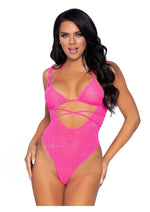 Load image into Gallery viewer, Leg Avenue Rhinestone Mesh Wrap Around Bikini Top and Suspender Bodysuit - Pink - One Size - 2 Piece
