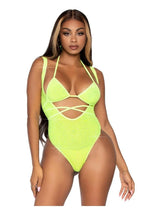 Load image into Gallery viewer, Leg Avenue Rhinestone Mesh Wrap Around Bikini Top and Suspender Bodysuit - Yellow - One Size - 2 Piece