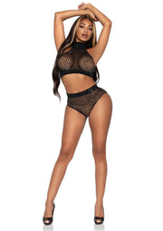 Leg Avenue Rhinestone Oval Net High Neck Crop Top and High Waist Bottoms - Black - One Size - 2 Piece