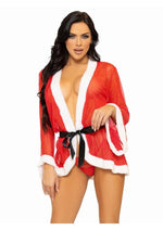 Load image into Gallery viewer, Leg Avenue Santa Mesh Robe with Plush Trim, Ribbon Tie, and G-String - Red/White - Medium/Small - 3 Piece