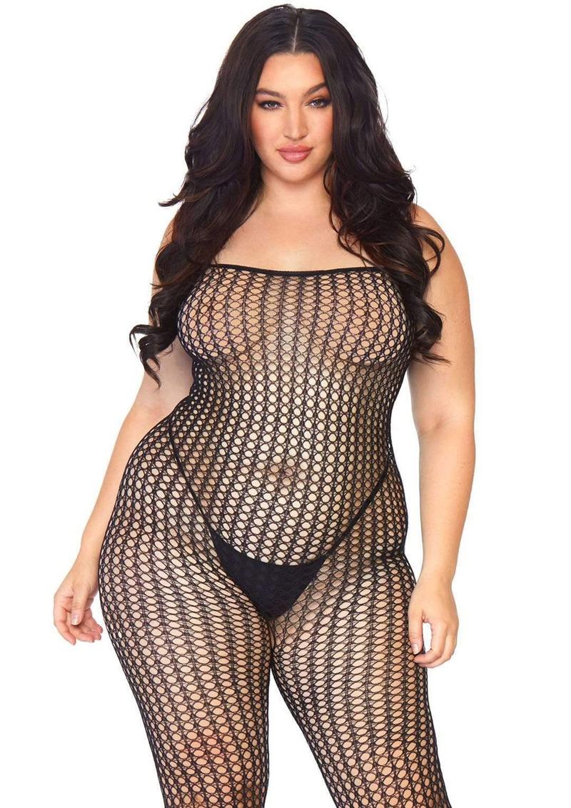 Leg Avenue Seamless Crochet Net Spaghetti Strap Bodystocking - Black - Plus Size/Queen