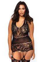 Load image into Gallery viewer, Leg Avenue Seamless Floral Lace Opaque Suspender Bodystocking with Shredded Strap Detail - Black - Plus Size/Queen
