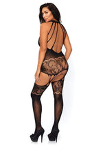 Load image into Gallery viewer, Leg Avenue Seamless Floral Lace Opaque Suspender Bodystocking with Shredded Strap Detail - Black - Plus Size/Queen
