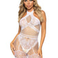 Leg Avenue Seamless Industrial Net Halter Bodystocking with Faux Lace Lingerie Detail - White - One Size