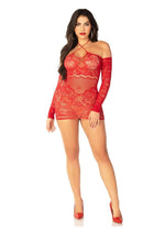 Load image into Gallery viewer, Leg Avenue Seamless Lace Net Off The Shoulder Mini Dress with Twist Halter Strap
