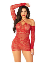Load image into Gallery viewer, Leg Avenue Seamless Lace Net Off The Shoulder Mini Dress with Twist Halter Strap - Red - One Size
