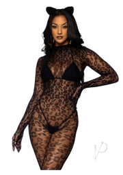 Leg Avenue Seamless Leopard Net Gloved Catsuit - Black - One Size
