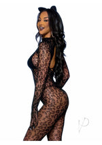 Load image into Gallery viewer, Leg Avenue Seamless Leopard Net Gloved Catsuit - Black - One Size
