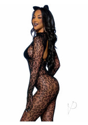 Leg Avenue Seamless Leopard Net Gloved Catsuit - Black - One Size