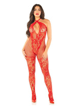 Load image into Gallery viewer, Leg Avenue Seamless Net and Lace Lingerie Jumpsuit with Keyhole Crossover Halter - Red - One Size
