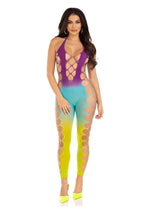 Load image into Gallery viewer, Leg Avenue Seamless Ombre Faux Lace Up Footless Bodystocking - One Size - Ocean
