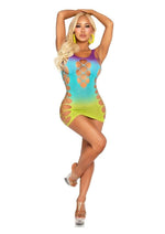 Load image into Gallery viewer, Leg Avenue Seamless Ombre Faux Lace Up Mini Dress - Ocean
