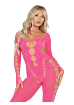 Load image into Gallery viewer, Leg Avenue Seamless Opaque Cut-Out Footless Bodystocking - Pink - One Size
