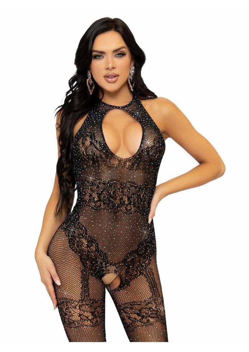 Leg Avenue Seamless Rhinestone Fishnet Bodystocking with Keyhole and Lace Lingerie Detail - Black - One Size