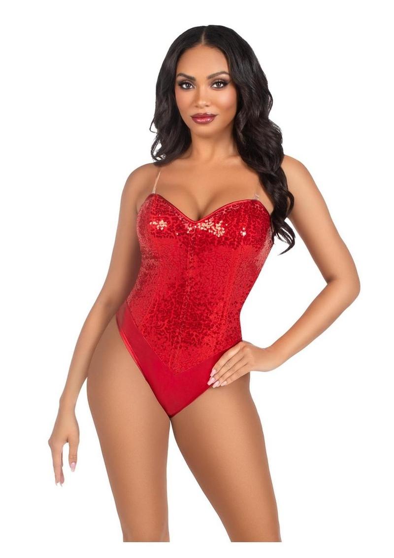 Leg Avenue Sequin Boned Snap Crotch Bodysuit with Detachable Clear Strap - Red - Large - 2 Piece