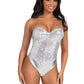 Leg Avenue Sequin Boned Snap Crotch Bodysuit with Detachable Clear Strap - Silver - Large - 2 Piece