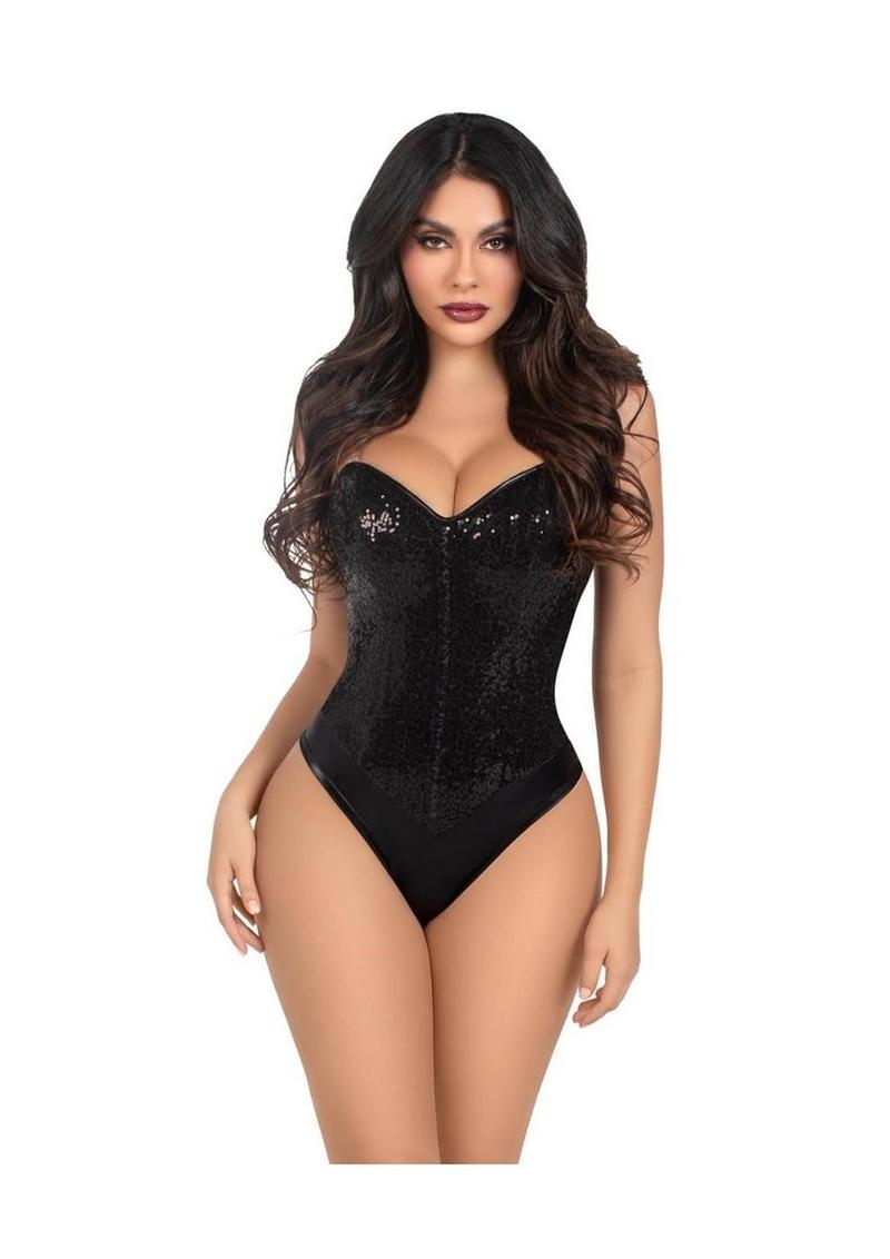 Leg Avenue Sequin Boned Snap Crotch Bodysuit with Detachable Clear Strap - Black - Medium - 2 Piece