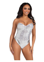 Load image into Gallery viewer, Leg Avenue Sequin Boned Snap Crotch Bodysuit with Detachable Clear Strap - Silver - Medium - 2 Piece
