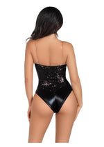 Load image into Gallery viewer, Leg Avenue Sequin Boned Snap Crotch Bodysuit with Detachable Clear Strap
