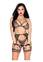 Load image into Gallery viewer, Leg Avenue Shimmer Net Bra Top, G-String Panty, Garter Harness and Wrist Ties - Black/Silver - One Size - 4 Piece
