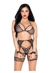 Leg Avenue Shimmer Net Bra Top, G-String Panty, Garter Harness and Wrist Ties - Black/Silver - One Size - 4 Piece