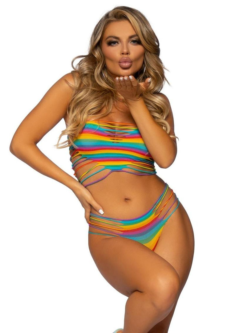 Leg Avenue Shredded Rainbow Heart Bandeau Top and Brazilian Panty - Multicolor - One Size - 2 Pieces