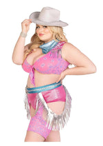 Load image into Gallery viewer, Leg Avenue Space Cowgirl Set Bandana Print Tie Front Crop Top with Fringe Trim, High Waist Bottoms with Attached Chaps, Belt with Fringe Detail, and Neck Bandana (4 Piece) - 1x/2x - Multicolor
