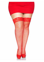 Load image into Gallery viewer, Leg Avenue Spandex Industrial Net Thigh Highs with Stay Up Silicone Lace Top - 1x-2x - Red
