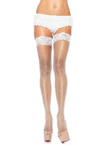 Load image into Gallery viewer, Leg Avenue Spandex Industrial Net Thigh Highs with Stay Up Silicone Lace Top - White - One Size