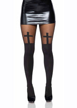 Load image into Gallery viewer, Leg Avenue Spandex Opaque Cross Pantyhose with Sheer Thigh Accent - Black - One Size