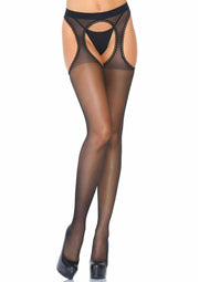 Leg Avenue Spandex Sheer Scalloped Suspender Tights - Black - One Size